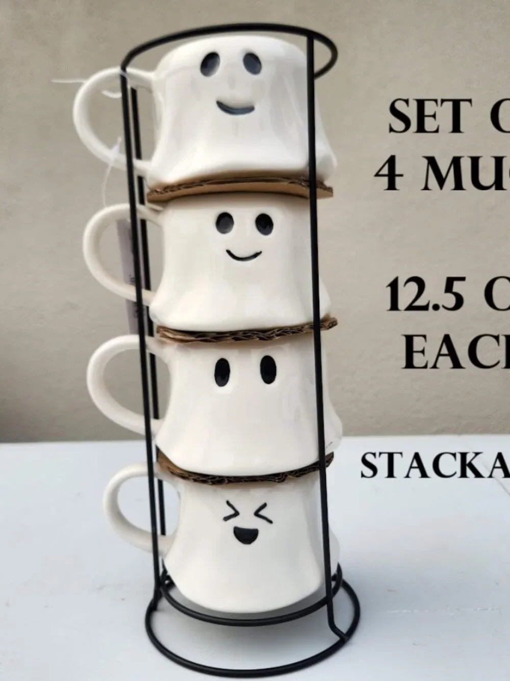 NEW Ceramic Ghost Face Mugs Mug Set of 4 Stacking Stackable White Stoneware Blac
